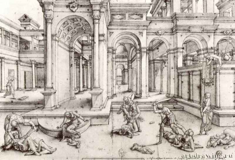 Избиение младенцев в Вифлееме. Первая половина 16 века - 210 х 320 мм. Перо черным тоном, отмывка, на грунтованной белым бумаге. Париж. Национальная библиотека, Кабинет гравюр. Франция.