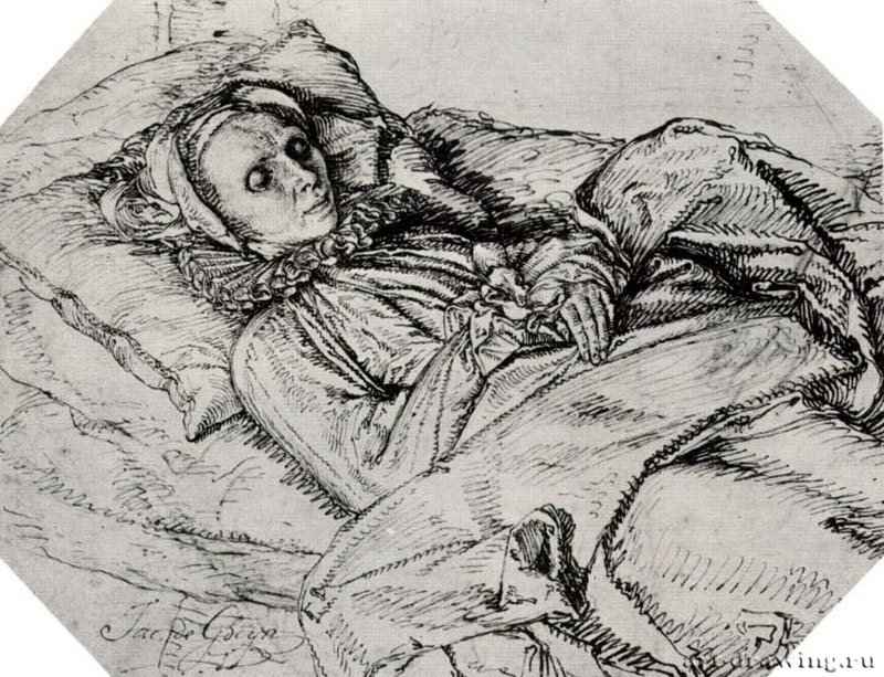 Женщина на смертном одре. 1601 - Перо коричневым тоном, на бумаге 146 x 194 мм Риксмузеум Амстердам