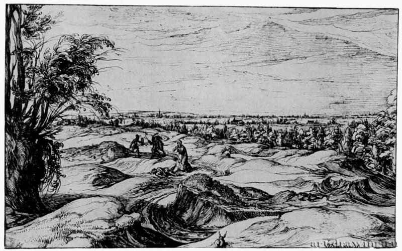 Пейзаж с нападением разбойников. 1603 - Перо коричневым тоном, на желтоватой бумаге 238 x 390 мм Государственное Собрание графики Мюнхен