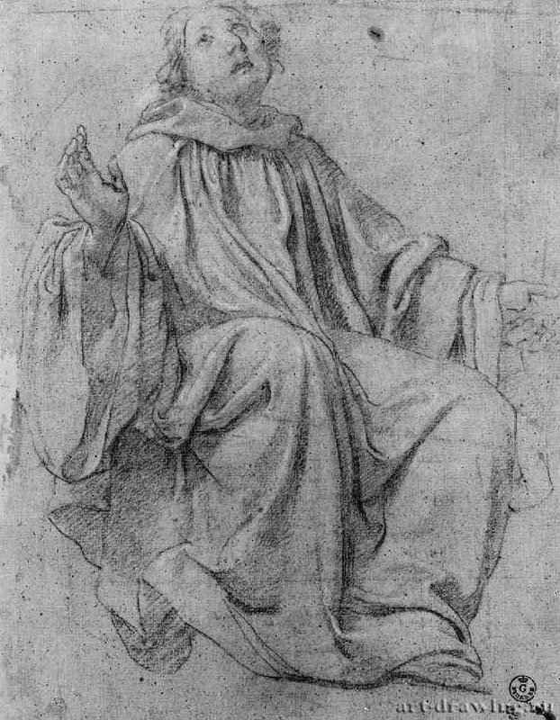 Сидящий монах, глядящий вверх. 1625 - 347 х 266 мм. Черный и белый мел насветло--серой грунтованной бумаге. Флоренция. Уффици, Кабинет рисунков и гравюр. Италия.