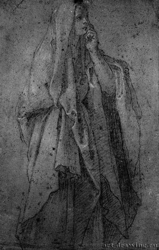 Стоящая женская фигура. 1625 - 422 х 267 мм. Черный и белый мел на грунтованной оливково-зеленым тоном бумаге. Берлин. Гравюрный кабинет. Италия.