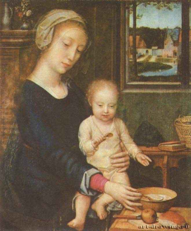Мадонна кормит младенца Иисуса кашей. 1500-1510 * - 35 x 29 смДерево, маслоВозрождениеНидерландыБрюссель. Королевский музей изящных искусств