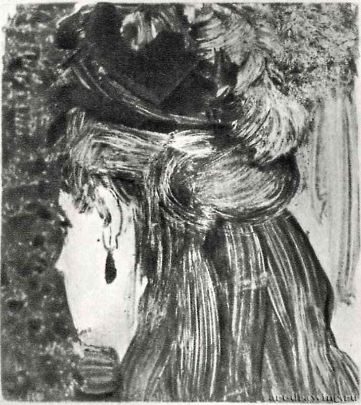 Голова женщины в серьгах. 1880 - 82 х 73 мм Монотипия, оттиск чёрным, на белой бумаге Нью-Йорк. Музей Метрополитен, Отделение рисунка Франция 