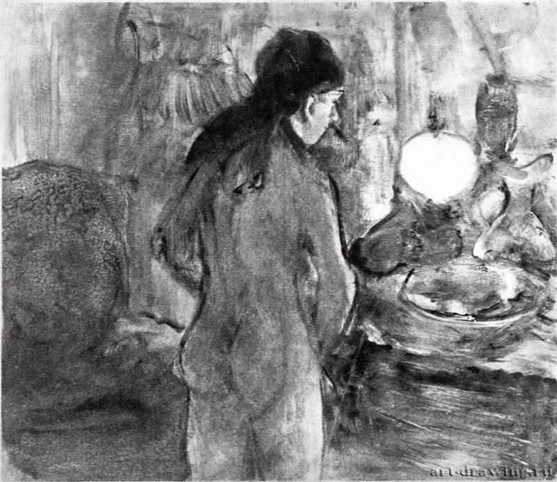 Женщина за туалетом. 1880-1885 - 278 х 313 мм Монотипия, оттиск чёрным на китайской бумаге Лондон. Частное собрание Франция