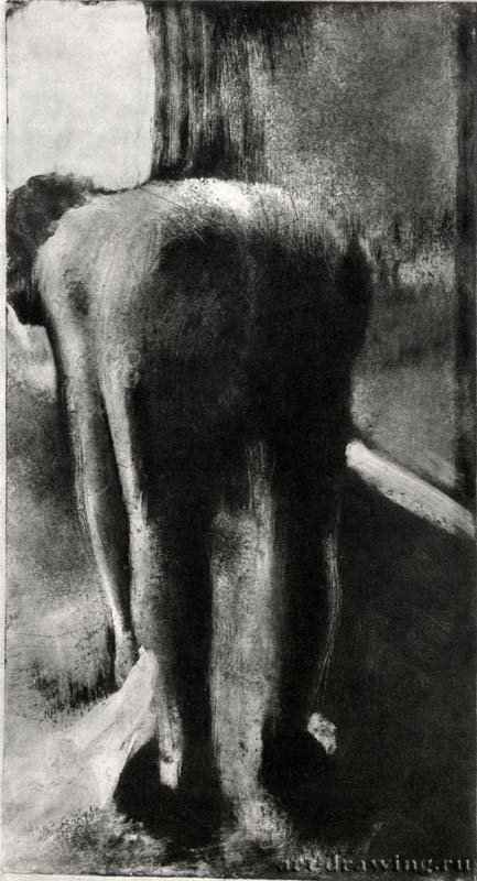 Женщина, вытирающая ноги у края ванны. 1882-1885 - 451 х 239 мм Монотипия, оттиск чёрным на кремовой бумаге Париж. Лувр, Кабинет эстампов Франция