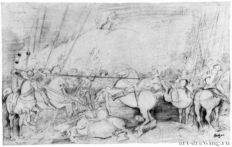 Этюд композиции с Учелло (Битва при Сан-Романо). 1859 - 245 x 392 мм Карандаш на бумаге Частное собрание Франция