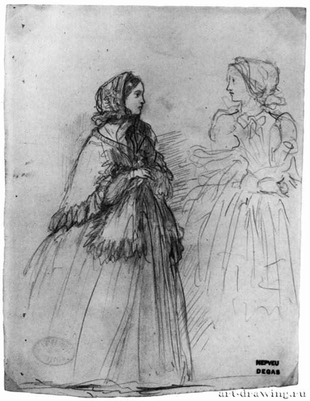Два молодые дамы в костюмах для прогулки. 1859-1860 - 195 x 150 мм Карандаш на бумаге Частное собрание Франция