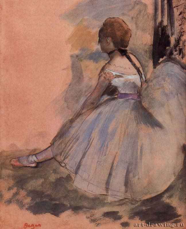 Сидящая балерина с вытянутой левой ногой. 1871-1872 - 273 x 210 мм Разбавленные масляные краски и карандаш, на розовой бумаге Частное собрание Франция