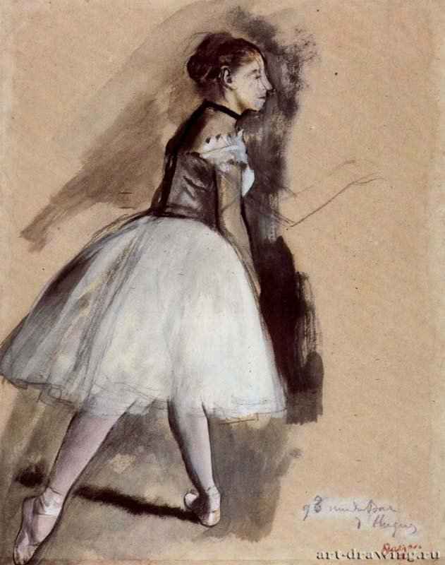 Балерина в позиции, 1871 - 1872 г. - Разбавленные масляные краски и карандаш, на светло-коричневой бумаге; 273 x 210 мм. Частное собрание. Франция.