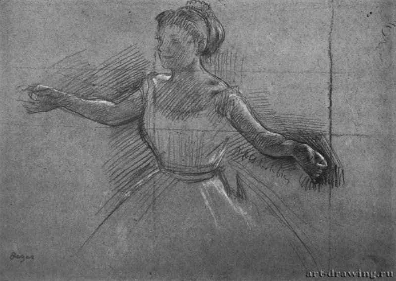 Балерина с разведенными в стороны руками. 1878 - 235 x 325 мм Черный мел, подсветка белым, на коричневой бумаге, разметка на квадраты Нью-Йорк. Собрание Тоу Франция 