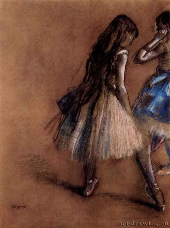 Две балерины. 1878-1880 - 464 x 324 мм Уголь с подсветкой белилами, на серой бумаге Цюрих. Собрание Файльхенфельдт Франция