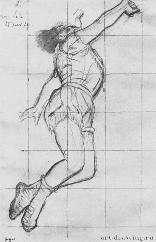 Мисс Лала в цирке Фернандо. 1879 - 470 x 320 мм Черный мел и подцветка пастелью, на желтоватой бумаге, разметка на квадраты Бирмингем. Институт искусств Барбера Франция