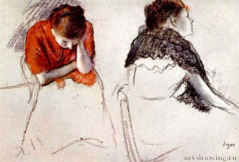 Две сидящие женщины. 1880-1885 - 320 х 470 мм Пастель на серой бумаге Провиденс (штат Род-Айленд). Колледж оформительского искусства штата Род-Айленд, музей Франция