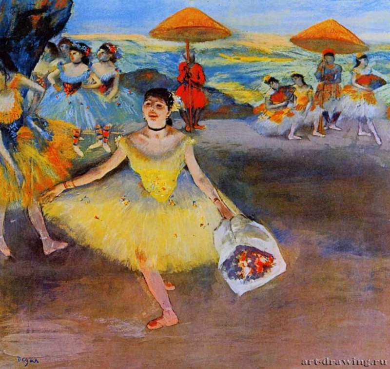 Кланяющаяся балерина с букетом, 1877 г. - Бумага, гуашь, пастель. Орсэ. Париж. Франция.