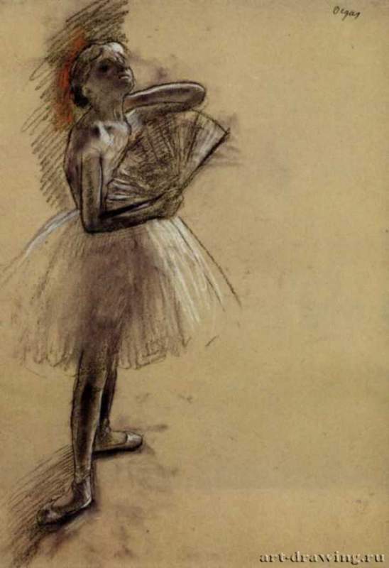 Балерина с веером, 1880 г. - Бумага, древесный уголь, пастель, белый мел. Метрополитен. Нью-Йорк. Франция.