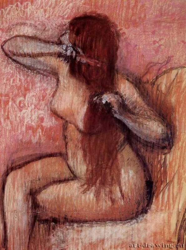 Сидящая обнаженная, расчесывающая волосы, 1887 - 1890 г. - Бумага, чернила, пастель, уголь. Частное собрание. Франция.