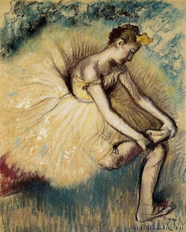 Балерина, надевающая туфлю, 1896 г. - Бумага, пастель. Частное собрание. Франция.