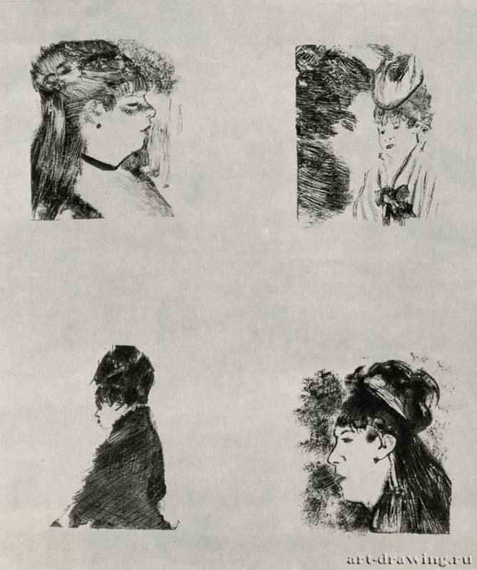 Четыре женские головы. 1877-1879 - 219 х 182 мм Литография Чикаго (штат Иллинойс). Художественный институт, Отдел гравюры и рисунка Франция