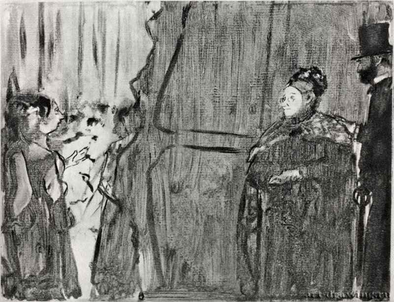 Встреча Людовика Галеви и мaдам Кардиналь за сценой. 1879-1880 - 159 х 210 мм Монотипия, оттиск чёрным, на белой бумаге Франция