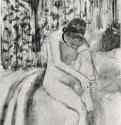 Женщина, надевающая чулок. 1880 - 159 х 121 мм Монотипия, оттиск чёрным на китайской бумаге Нью-Йорк. Музей Метрополитен, Отделение рисунка Франция