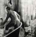 Стоящая в ванне, фигура со спины. 1882-1885 - 360 х 270 мм Монотипия, оттиск чёрным на бежевой бумаге Париж. Лувр, Кабинет эстампов Франция
