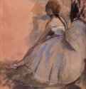 Сидящая балерина с вытянутой левой ногой. 1871-1872 - 273 x 210 мм Разбавленные масляные краски и карандаш, на розовой бумаге Частное собрание Франция