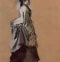 Молодая дама в костюме для улицы. 1872 - 325 x 250 мм Разбавленные масляные краски, сепия и белая гуашь, на красновато-коричневой бумаге Кембридж (штат Массачусетс). Художественный музей Фогга, Отдел гравюры и рисунка Франция