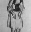 Певица из кафе-шантана. 1878-1879 - 630 x 380 мм Черный и красный мел, подсветка белым, на коричневой бумаге Частное собрание Франция