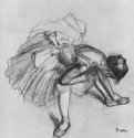 Сидящая балерина, поправляющая туфлю. 1885-1887 - 320 x 300 мм Уголь, подсветка белым, на бумаге Частное собрание Франция