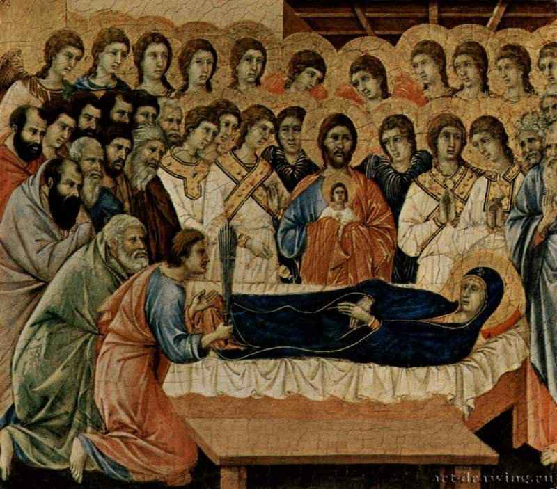Маэста, алтарь сиенского кафедрального собора, передняя сторона, Алтарь со сценами Успения Марии: Успение Марии - 1308-131140 x 45,5 смДерево, темпераГотикаИталияСиена. Музей в Кафедральном собореСиенская школа. Заказчик: Сиенский цех строителей соборов, алтарь сохранился только частично