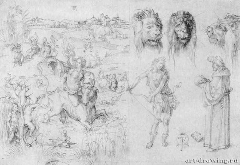 Лист этюдов с "Похищением Европы" 1495 - 29 x 41,5 Перо коричневым и черным тоном, на бумаге Собрание графики Альбертина Вена