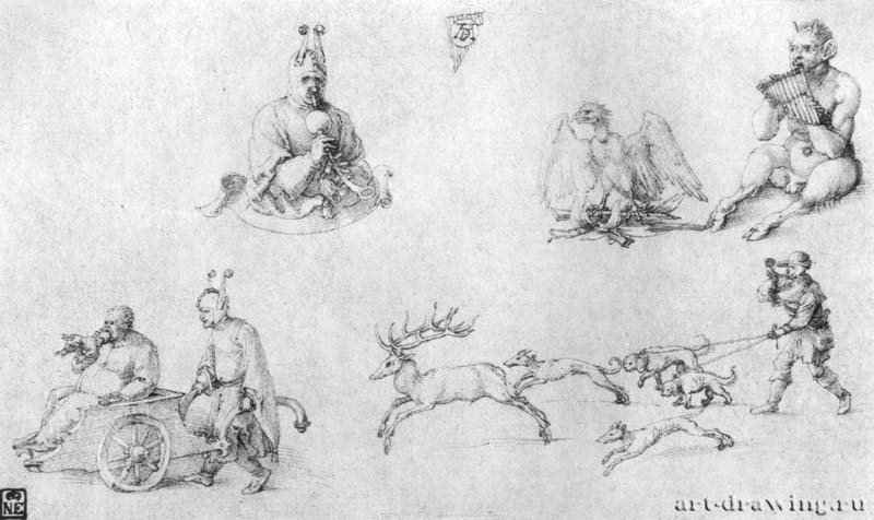 Лист этюдов с шутом, фавном, Фениксом и охотой на оленя. 1515 - 17,5 x 29,3 Перо на бумаге Музей изящных искусств Будапешт
