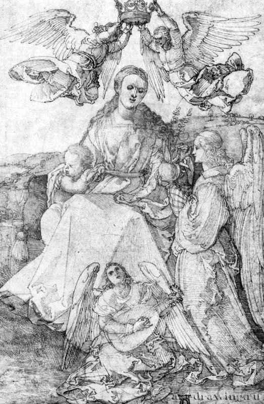 Мадонна с младенцем и ангелами. 1518 - 30,9 x 20,8 Перо (частично ретуширован позднее чужой рукой), на бумаге Гравюрный кабинет Берлин