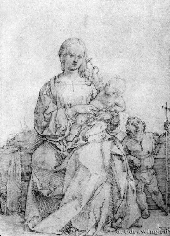 Мадонна с младенцем и мальчиком Иоанном Крестителем. 1518-1520 - 28,6 x 20,5 Перо на бумаге Девонширская коллекция Четсуорт (Дербишир)