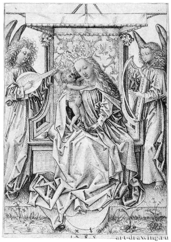 Мадонна с младенцем и музицирующими ангелами. 1485 - 21 x 14,7 Перо коричневым тоном, цвет тела акварелью, на бумаге Гравюрный кабинет Берлин