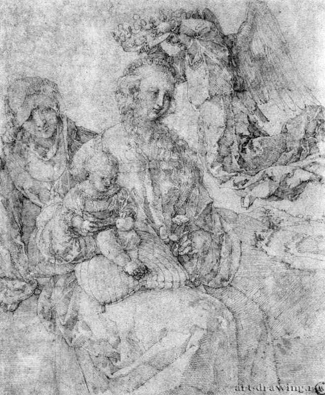 Мадонна с младенцем, коронуемая ангелом, и святая Анна. 1518-1520 - 26,6 x 21,1 Перо на бумаге Гравюрный кабинет Берлин