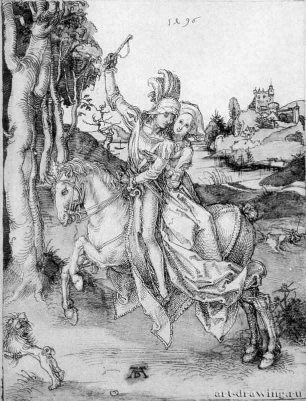 Молодая пара верхом на лошади. 1493-1494 - 21,5 x 16,5 Перо, подцветка акварелью, на бумаге Гравюрный кабинет Берлин