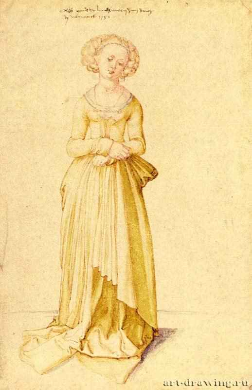 Нюрнбергская девушка в платье для танцев. 1500-1501 - 32,4 х 21,1 Перо, подцветка акварелью, на бумаге Открытое художественное собрание, Гравюрный кабинет Базель