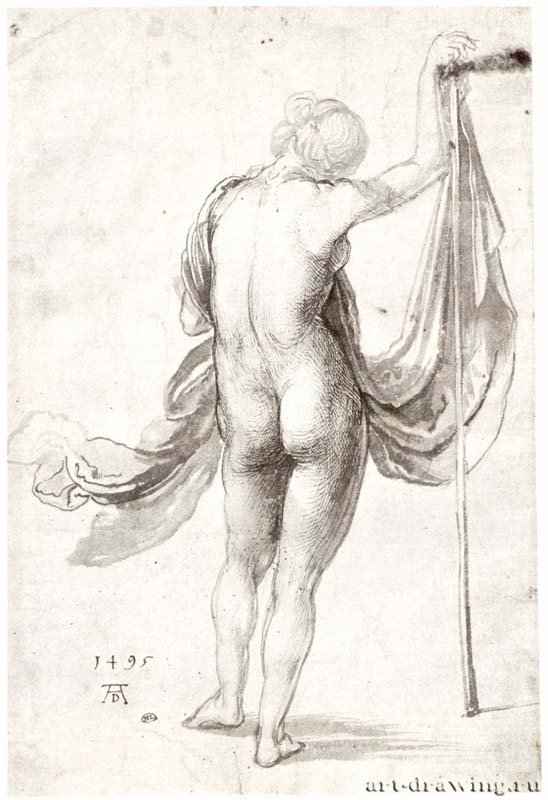 Обнаженная с посохом и драпировкой, фигура со спины. 1495 - 32 х 21 Кисть и перо черным тоном, на бумаге Лувр, Кабинет рисунков Париж