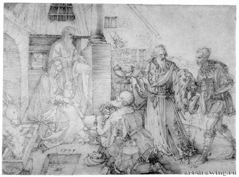 Поклонение волхвов. 1524 - 21,5 x 29,4 Перо, легкая размывка желтым, на бумаге Собрание графики Альбертина Вена