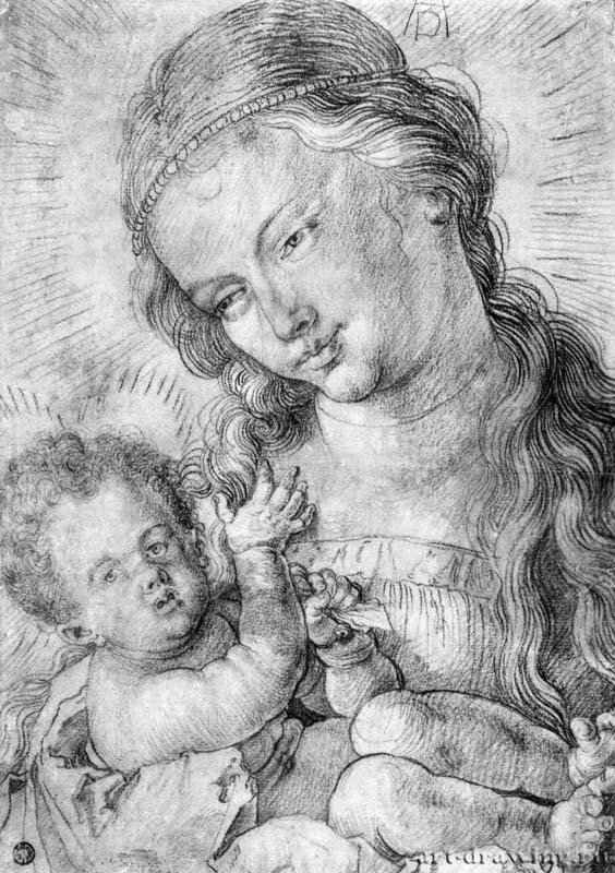 Полуфигура Мадонны с младенцем. 1519 - 46,1 x 29,7 Уголь поверх рисунка кистью, на бумаге Кунстхалле, Гравюрный кабинет Бремен