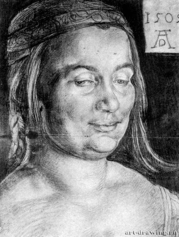 Портрет крестьянки из Винда. 1505 - 35 x 26,6 Мел, фон темной оливково-зеленой акварелью добавлен позднее, на бумаге, лист немного обрезан Музей Бойманса - ван Бёйнингена Роттердам