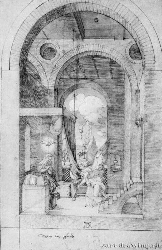 Благовещение Марии. 1503 - 31,2 x 20,4 Перо, подцветка акварелью, на бумаге Гравюрный кабинет Берлин