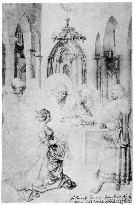 Принесение Христа во храм (незакончен). 1490-1494 - 29,7 x 19,5 Перо и кисть, на бумаге Британский музей, Отдел гравюры и рисунка Лондон