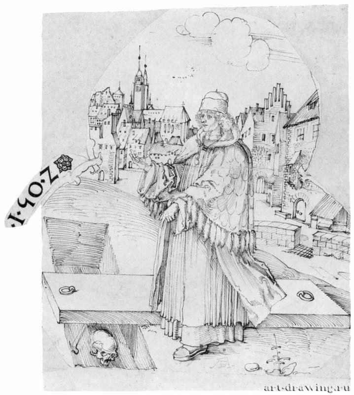 Рисунок для витража: Сикст Тухер у открытой могилы. 1502 - 29,5 x 25 Перо на бумаге Художественный институт Штеделя, Гравюрный кабинет Франкфурт-на-Майне