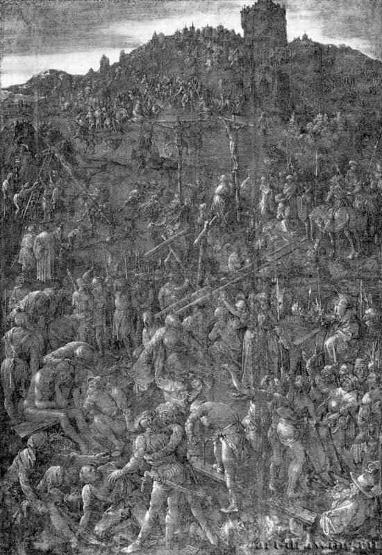 Большая Голгофа. 1505 - 60,4 x 42 Перо черным тоном, кисть серым тоном, подсветка белым, на грунтованной зеленым тоном бумаге Галерея Уффици, Кабинет рисунков и гравюр Флоренция