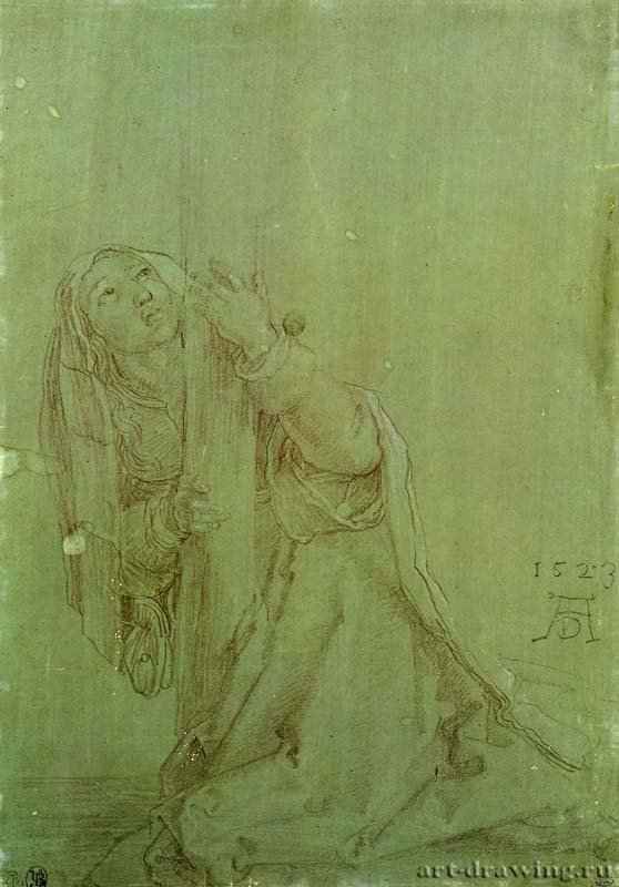 Святая Мария Магдалина у подножия креста. 1523 - 29,1 х 20,4 Мел, подсветка белым, на грунтованной зеленым тоном бумаге Лувр, Кабинет рисунков Париж