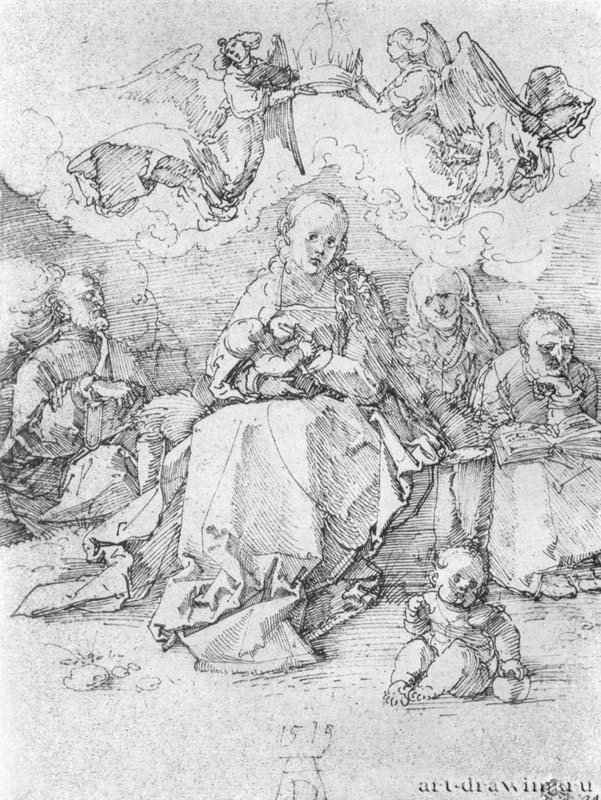 Святая родня, коронуемая двумя ангелами. 1519 - 28 x 21,8 Перо черным тоном и коричневым, на бумаге Лувр, Кабинет рисунков Париж