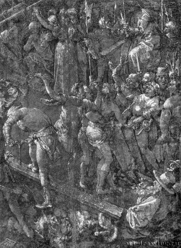 Большая Голгофа, фрагмент 1505 - Перо черным тоном, кисть серым тоном, подсветка белым, на грунтованной зеленым тоном бумаге Галерея Уффици, Кабинет рисунков и гравюр Флоренция