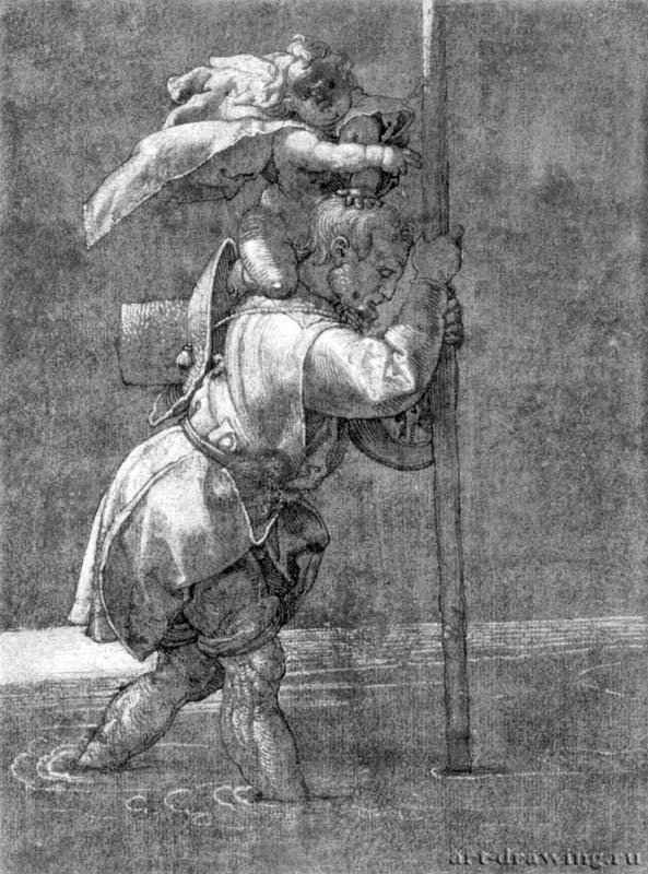 Святой Христофор. 1521 - 18,5 x 14 Перо, подсветка белым, на грунтованной темно-сиреневым тоном Британский музей, Отдел гравюры и рисунка Лондон